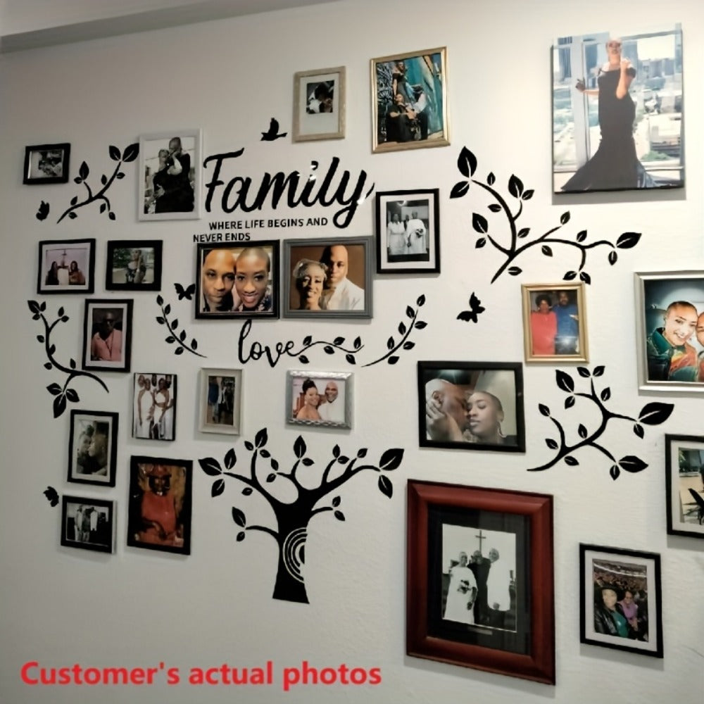 Family Tree Wall Sticker 3D Acrylic Photo Frame Collage – Removable Leaf-Shaped Picture Display with "Family" & "Love" Text
