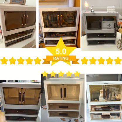 Modular Makeup Storage Cabinet with One or Two Doors, Two Transparent Drawers and White-Gold Trim