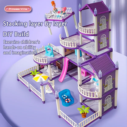 LED Dollhouse Playset for Girls, Purple Multi-Room Playhouse with Doll Figures, Puppies, Furniture & LED Lighting