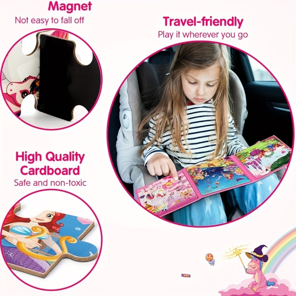 Magnetic Puzzle Book for Girls 3 4 5 6, 3-in-1 Unicorn Mermaid Princess Travel Puzzles, 20 Pieces Folding Magnetic Jigsaw for Toddlers