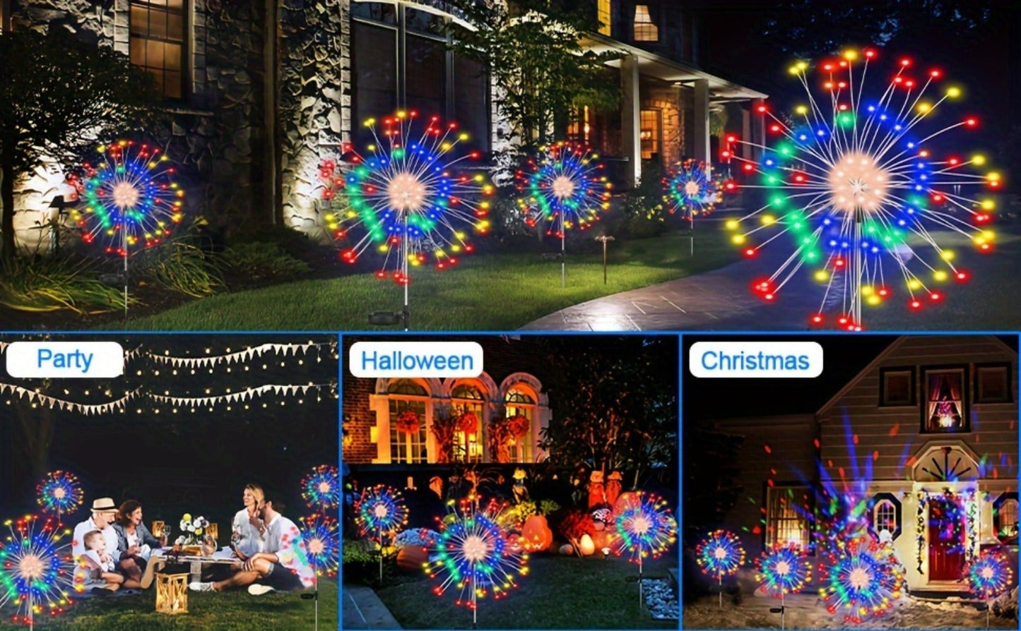Solar Garden Lights Firework Stakes with 60-420 LEDs, 8 Modes, Flexible Copper Wire and Color Options
