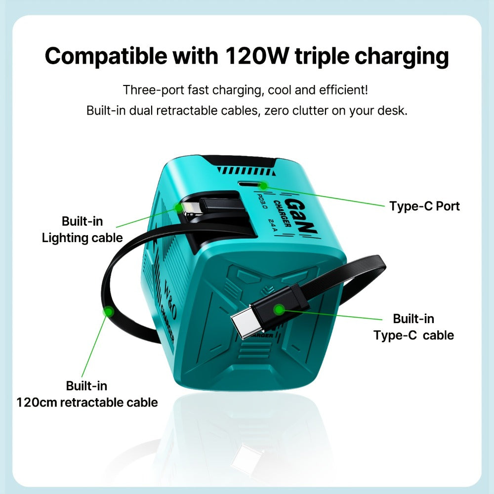 Dual Cable GaN Charger 120W with Built-In 47in Type-C & Lightning Retractable Cables, Foldable Plug – Tangle-Free Fast Charging USB-C Wall
