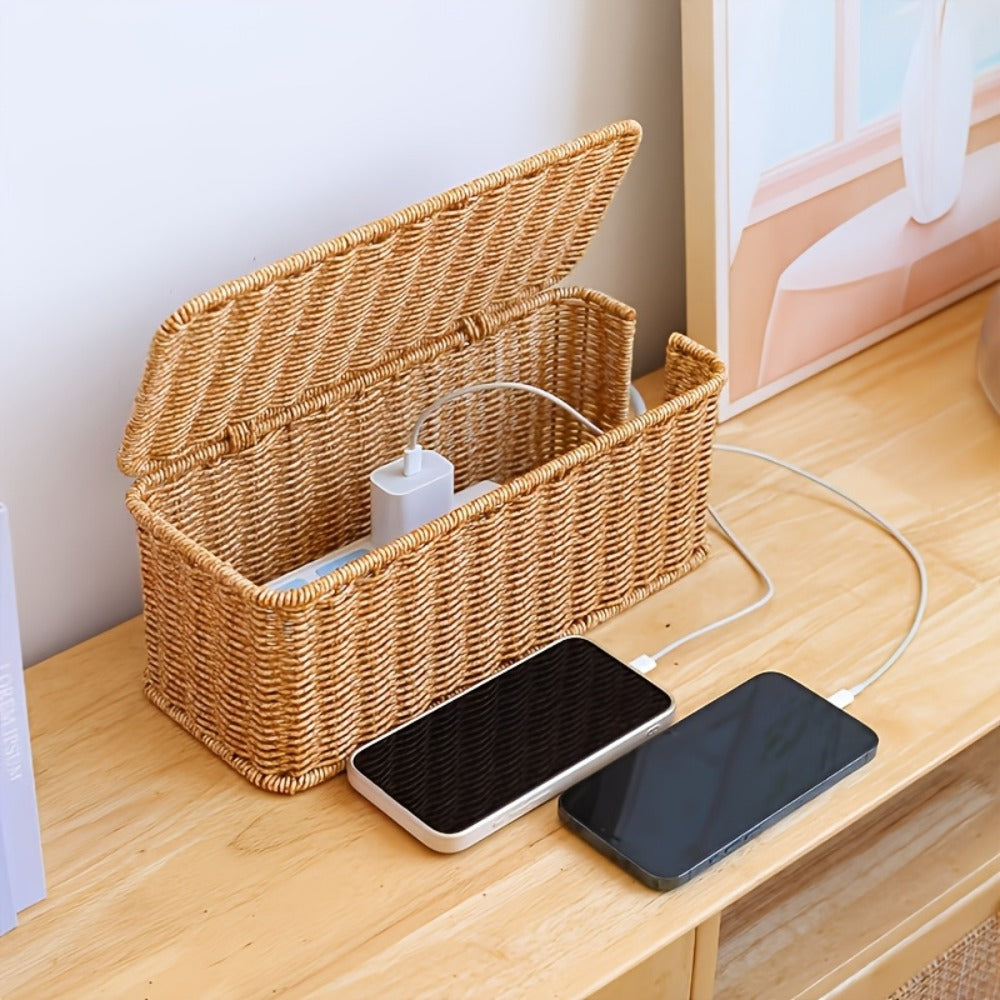 Rattan Cable Management Box with Lid Woven Cord Organizer – Stylish Power Strip Cover Wire Hider for Home Office Living Room Desk Bedroom
