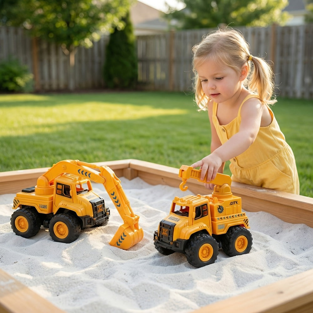 4-Piece Construction Truck Set for Kids, Excavator Dump Truck Crane Cement Mixer Sandbox STEM Engineering Vehicle Playset