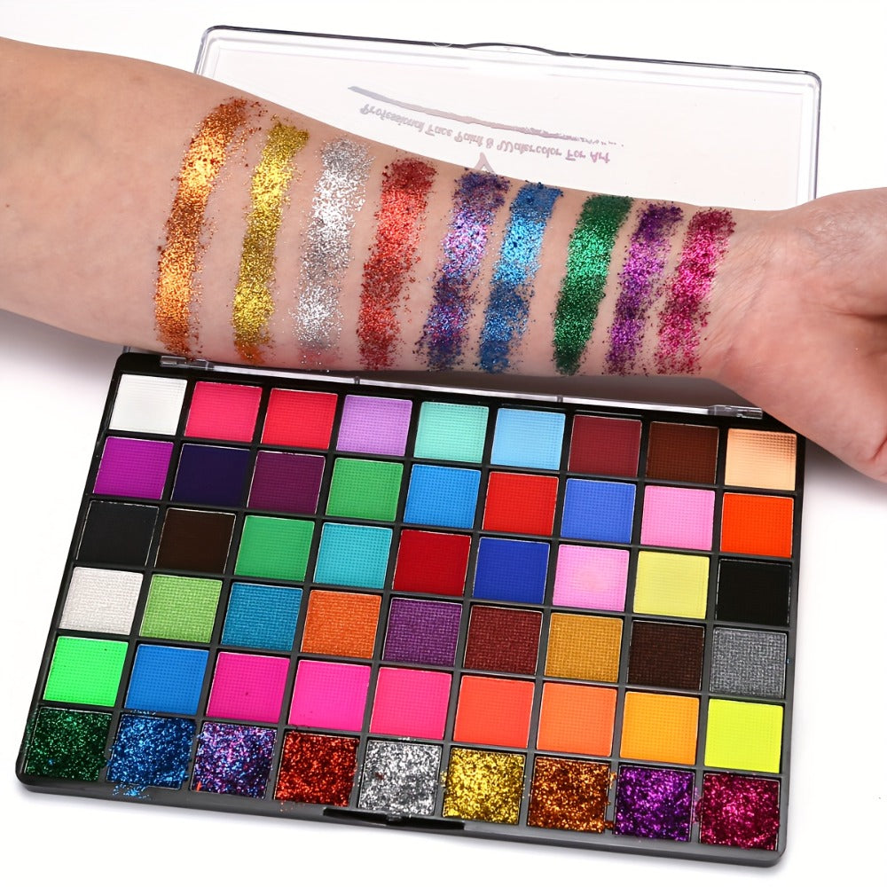 54 Color Face & Body Paint Kit with UV Fluorescent, Matte & Glitter Shades, Pattern Templates, Brushes &