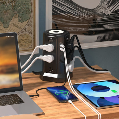Surge Protector Power Strip Tower 17-in-1 with 12 AC Outlets, 4 USB-A, USB-C PD 18W and Four Group Switches
