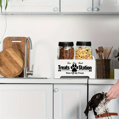 Two-Jar Pet Treat Station with Clear Canisters and Black or White Wood Holder for Countertop Storage