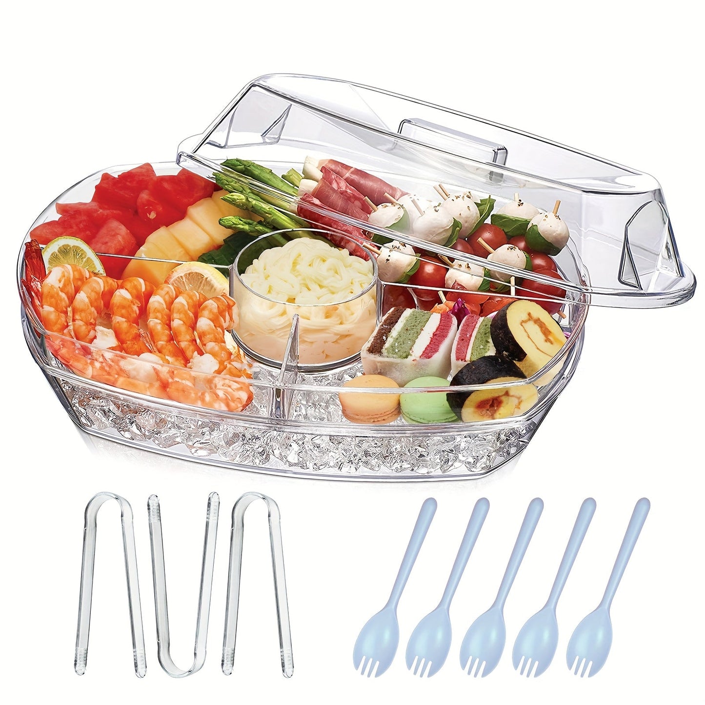 Appetizer Serving Tray with Ice Tray & Flip Lid, 15 Inch Round Chilled Condiment Serving Platter