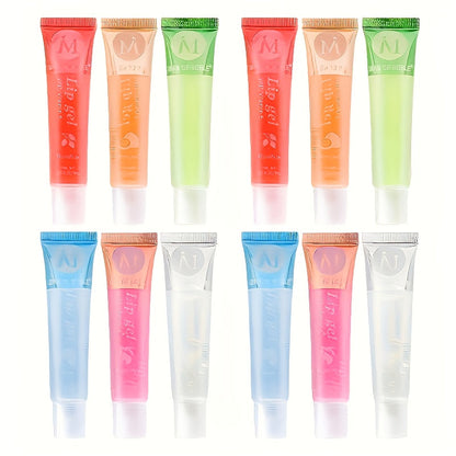 Lip Oil Set 12 Piece Clear Lip Gloss Plant Squalene Plumping with VE Rosehip Argan Mint Aloe, for Makeup, Travel and Everyday Vanity Use