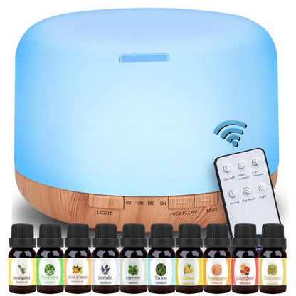 500ml Essential Oil Diffuser Set with Remote, Seven-Color Light, Timer Controls and 10 Oil Bottles