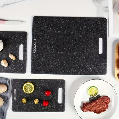 Cutting Board TUOOCY Three-Piece Black Speckled Plastic Set with Handles in Three Graduated Sizes