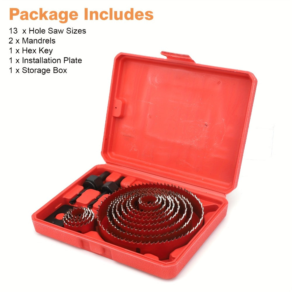 Carbon Steel Hole Saw Kit Multi-Size with Mandrels & Hex Key, Quick-Change Hole Cutter Set for Wood PVC Drywall Cornhole Board & Metal