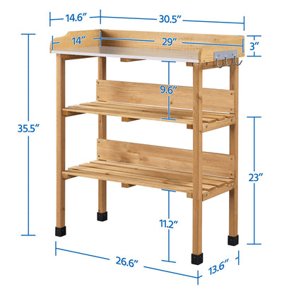 Rolling Potting Bench 3-Tier Wooden Garden Workstation Waist-High Galvanized Metal Top Lockable Casters for Garden, Patio and Yard Use