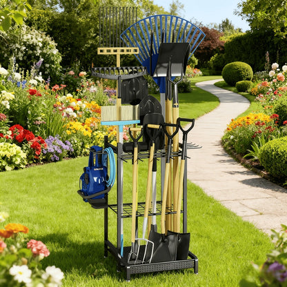 Garden Tool Organizer for Garage, Metal Yard Tool Storage Rack with Hooks & Wheels for Long-Handled Tools