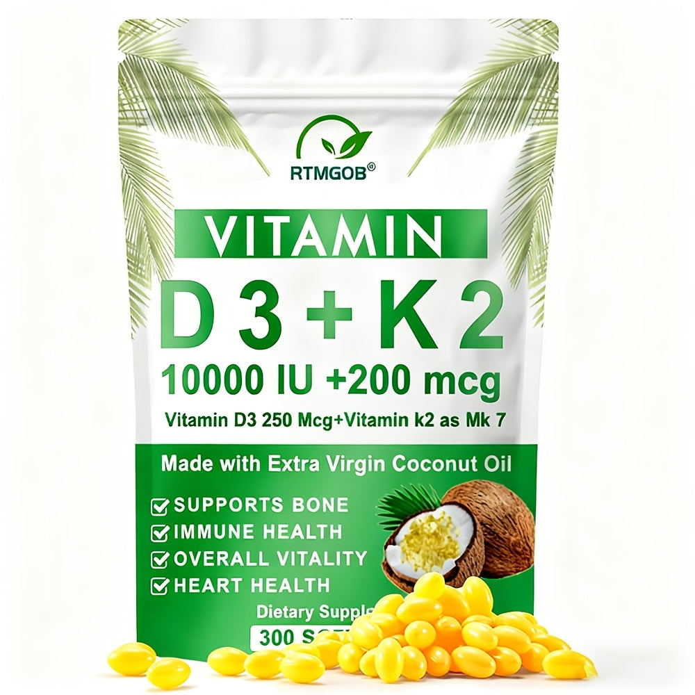 Vitamin D3 K2 MK-7 300 Softgels Value Size, 10000 IU D3 + 200mcg K2 with Extra Virgin Coconut Oil for Bone Density Immune & Heart Health