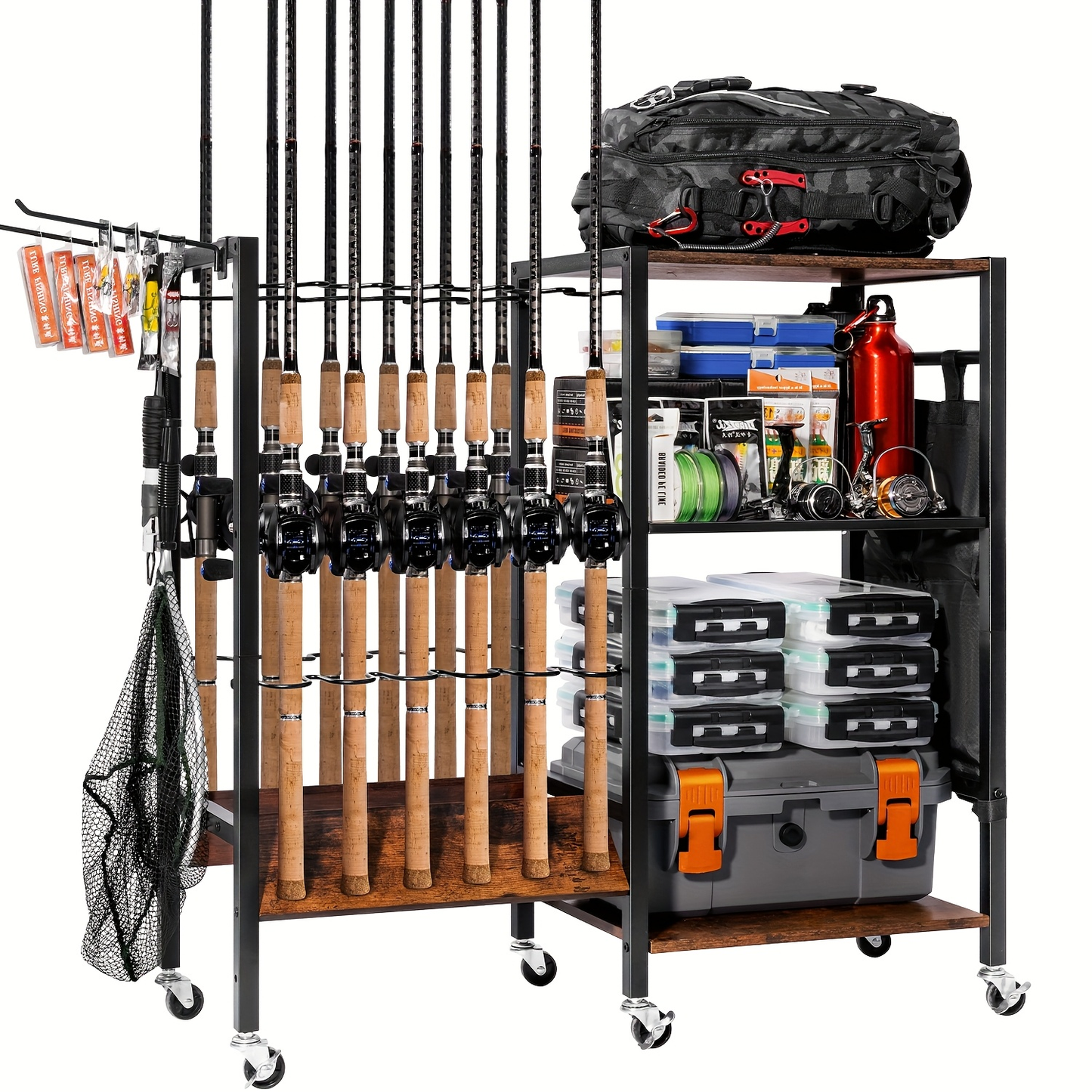 Fishing Rod Holder Rack Rotating Tackle Storage Cart Iron Wood Holds 10 to 12 Rods Garage Fishing Pole Organizer with Wheels Fishing Gear