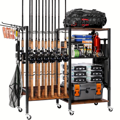 Fishing Rod Holder Rack Rotating Tackle Storage Cart Iron Wood Holds 10 to 12 Rods Garage Fishing Pole Organizer with Wheels Fishing Gear