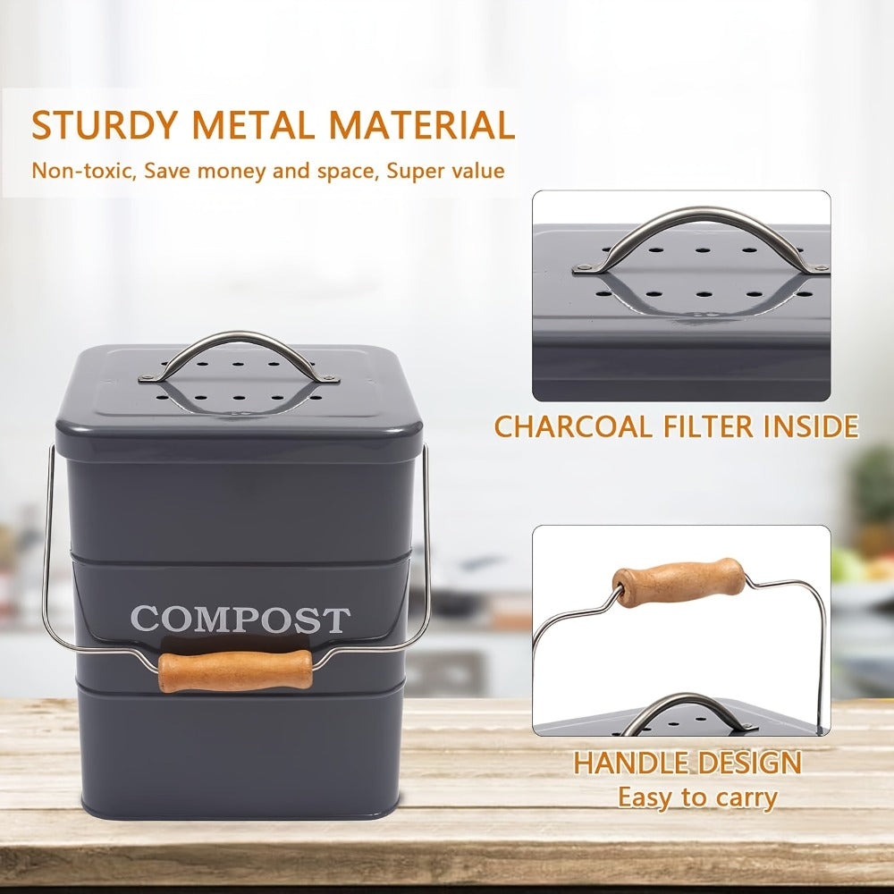 Kitchen Compost Bin 1 Gallon with Charcoal Filter & Wooden Handle, Odor-Free Indoor Countertop Food Waste Bin