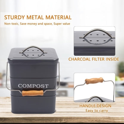Kitchen Compost Bin 1 Gallon with Charcoal Filter & Wooden Handle, Odor-Free Indoor Countertop Food Waste Bin