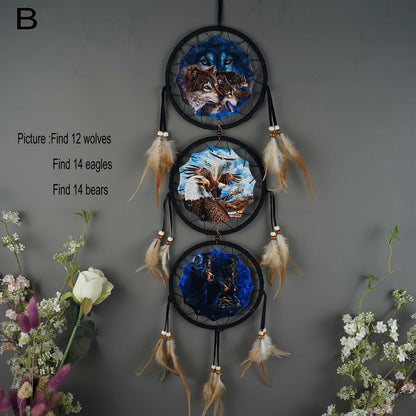 Wolf Dream Catcher Wall Decor with Three Printed Circles, Beads and Feather Accents in Two 6-Inch Styles