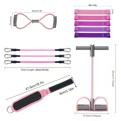 Fitness Equipment Pink Multi-Piece Resistance Kit with Fabric Loops Tube Puller and Pedal Puller
