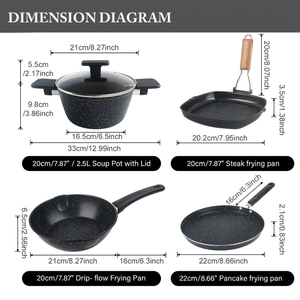 Non-Stick Cookware Set 4pcs Aluminum Frying Pan Kitchen Cooking Set Even Heat Distribution for Home Cooking, Dining and Outdoor Meals