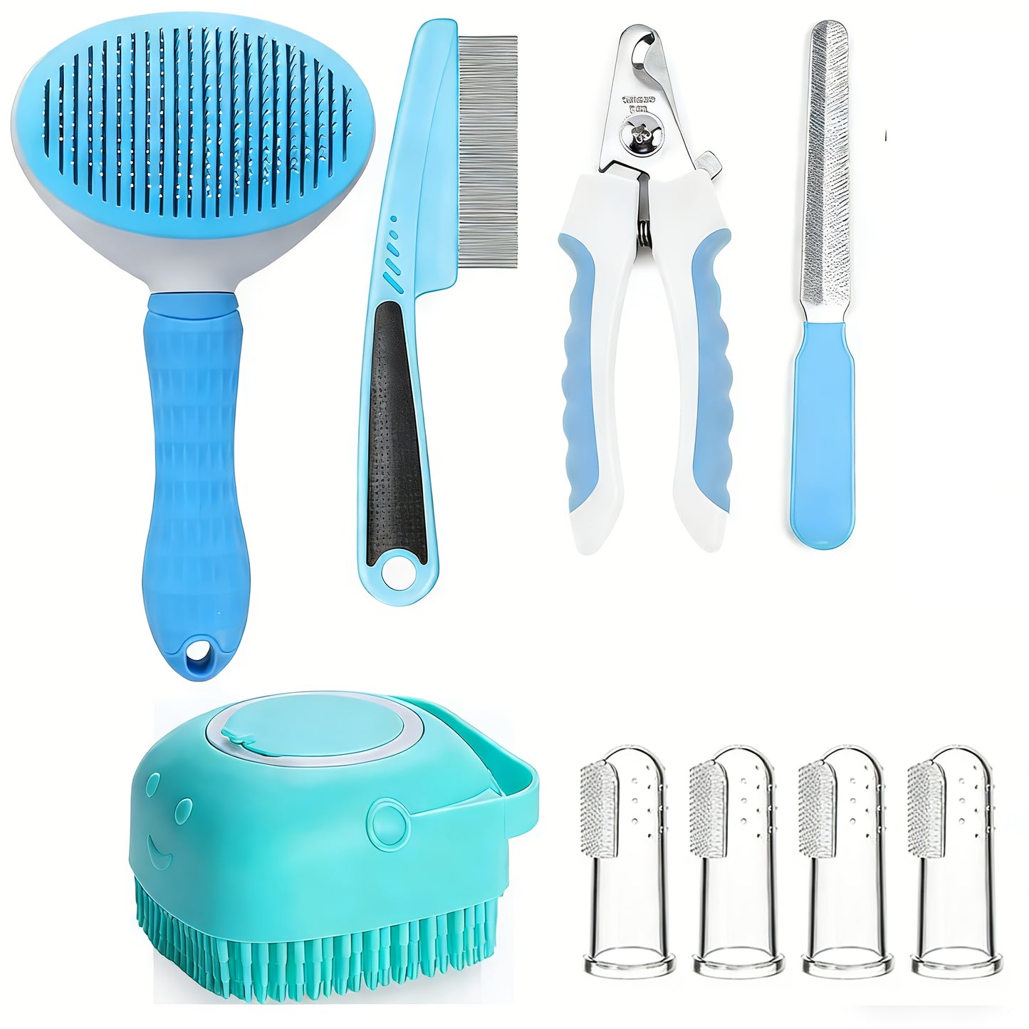 Cat & Dog Grooming Set 9-in-1 & 11-in-1 – Self-Cleaning Slicker Brush, Nail Clippers & File, Flea Comb, Shampoo Brush
