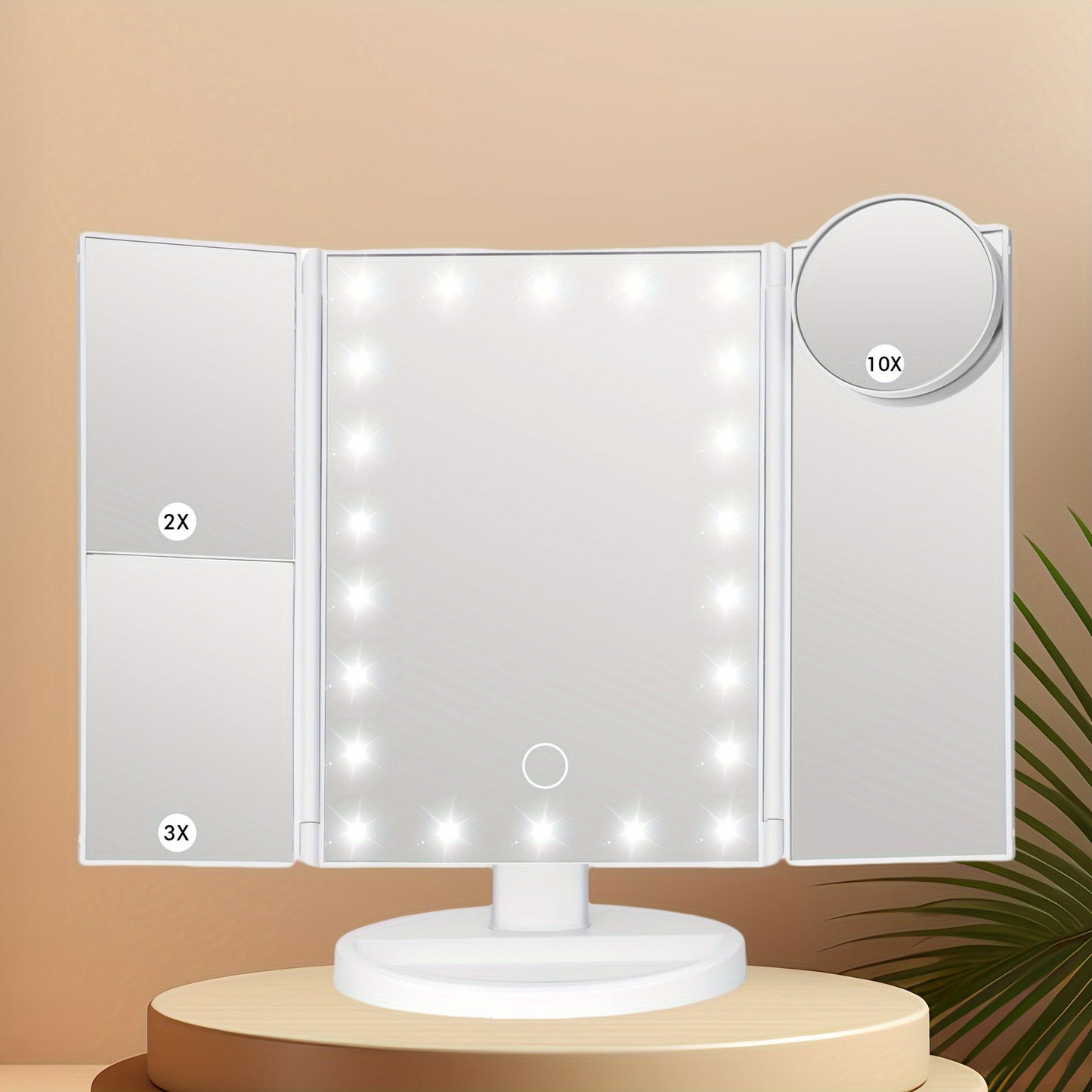 Trifold LED Vanity Mirror with 1X 2X 3X 10X Magnification Touch Screen Adjustable Brightness, for Makeup, Travel and Everyday Vanity Use