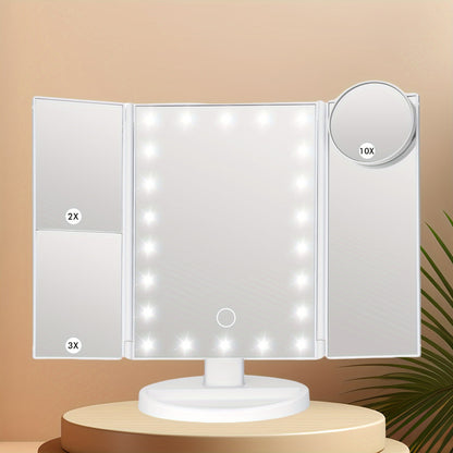 Trifold LED Vanity Mirror with 1X 2X 3X 10X Magnification Touch Screen Adjustable Brightness, for Makeup, Travel and Everyday Vanity Use