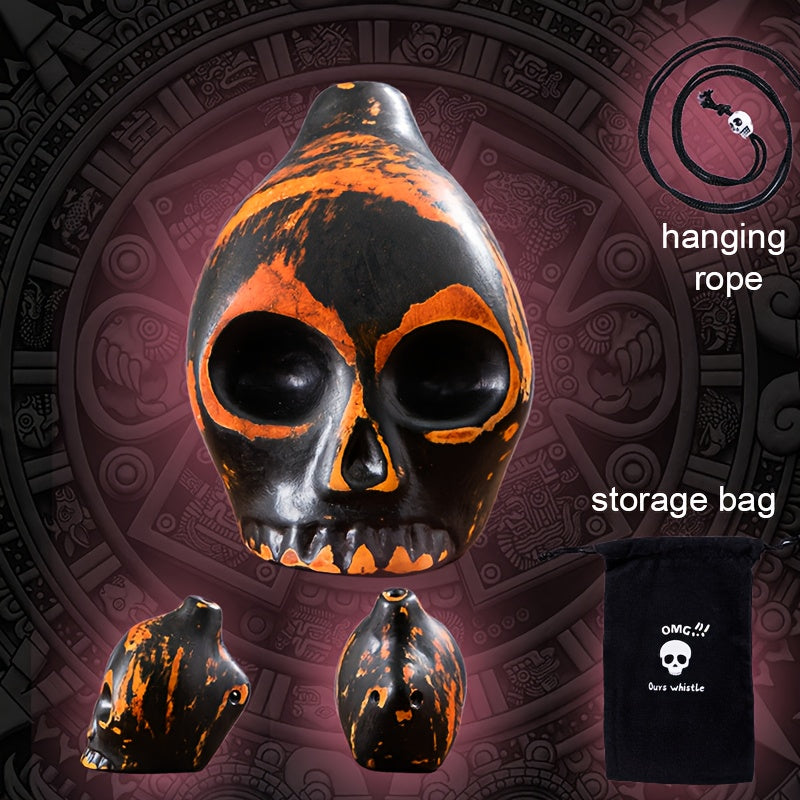 Ceramic Aztec Death Whistle shown in the Orange Black option
