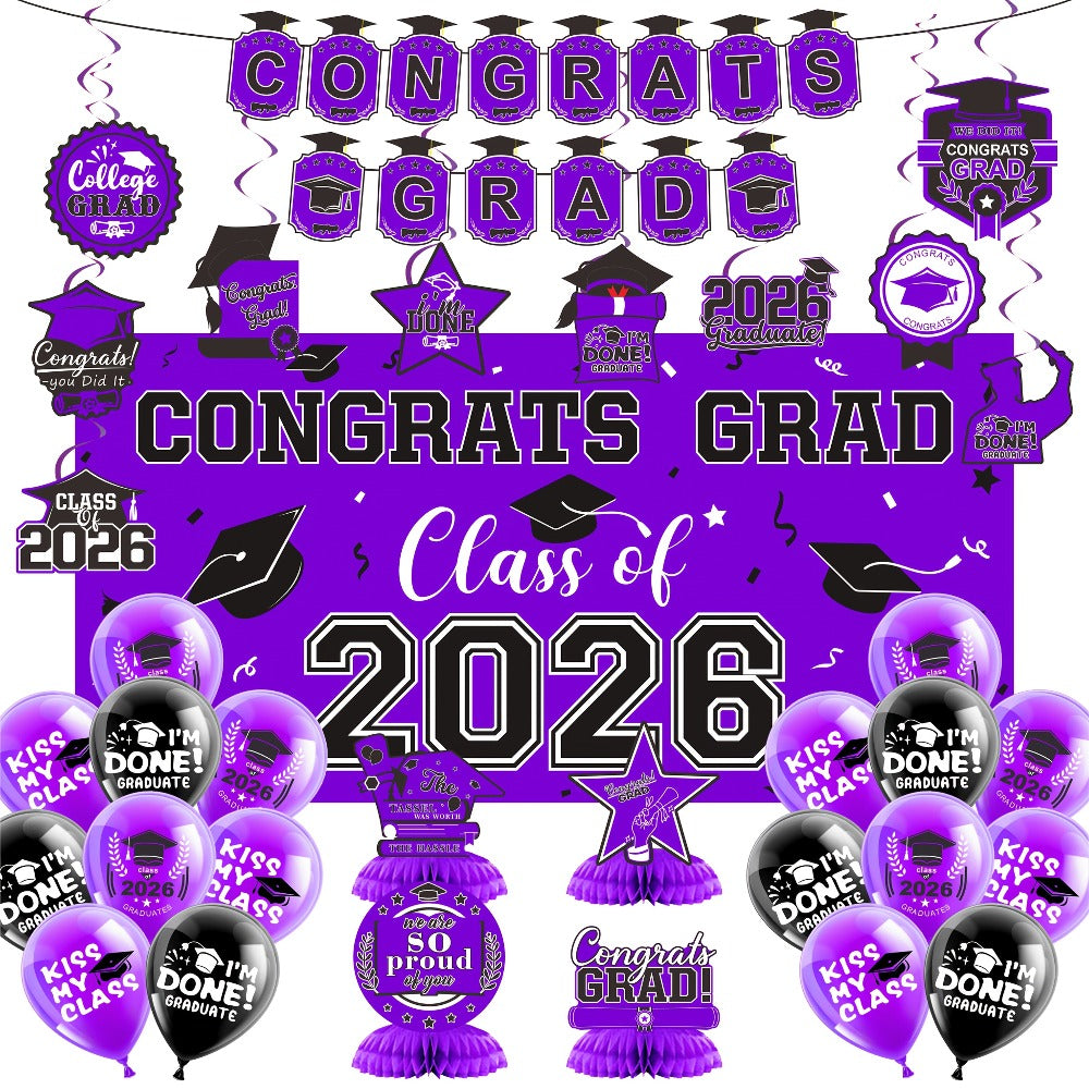 Class of 2026 Graduation Decoration Set with Letter Banner, Hanging Pieces and Six Color Options