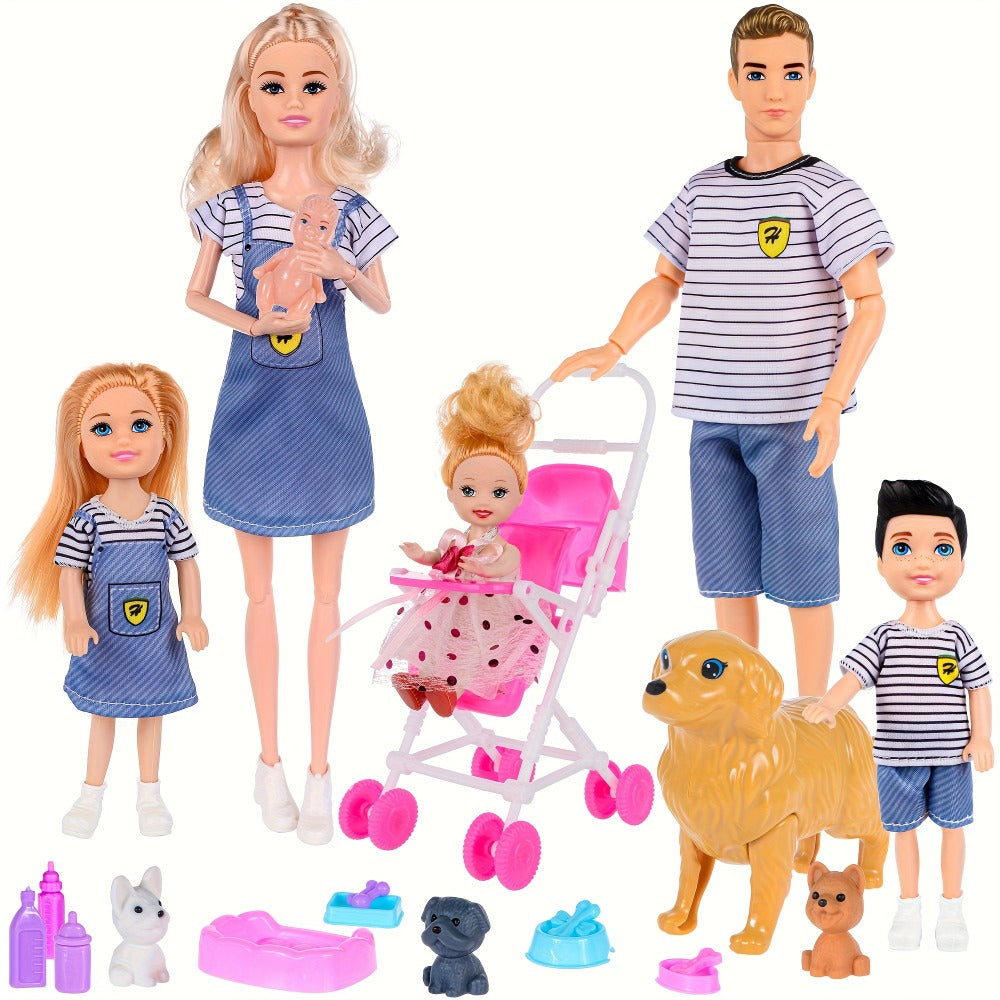 Family Doll Set with Pets & Accessories, 6 Poseable Collectible Dolls with Puppies, Handcart & Changeable Clothes