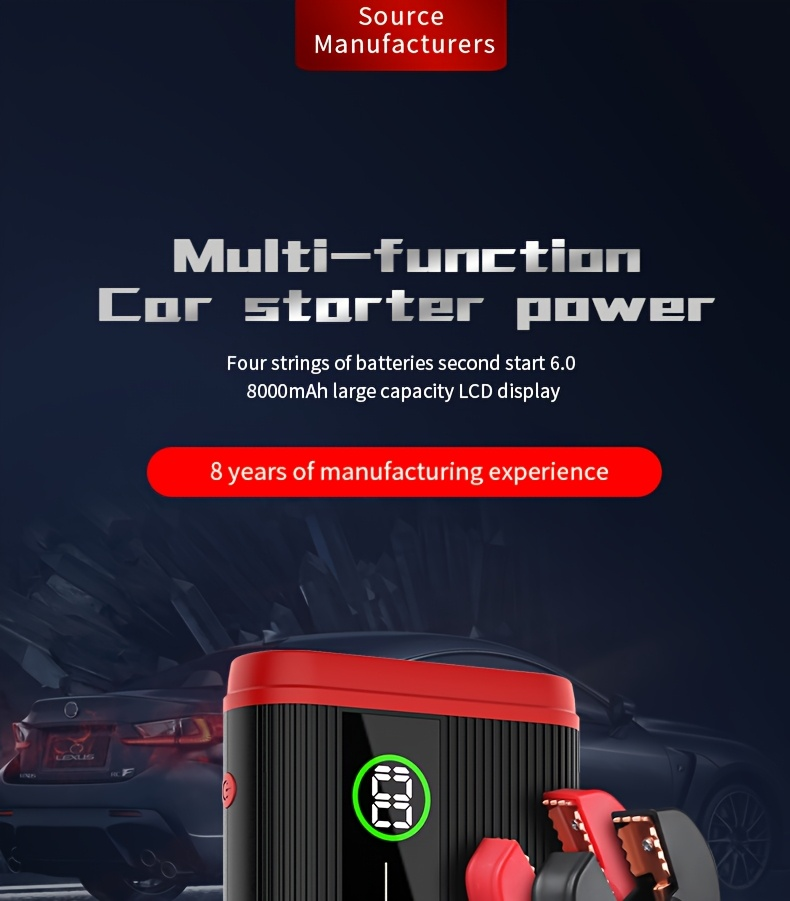 Lithium Jump Starter 3000A 8000mAh 12V Battery Pack USB-C Recharge Round LED Display for 6.0L Diesel for Garden, Patio and Yard Use