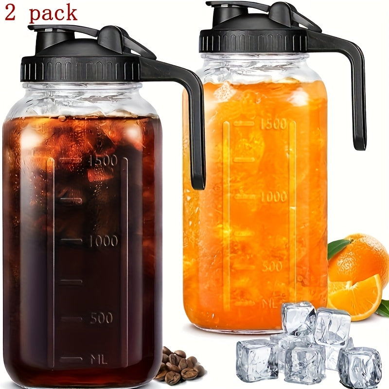 64oz Mason Jar with Handle and Lid 2/3 Pack, Borosilicate Glass Beverage Carafe, Leak-Proof Drinking Jar for Juice