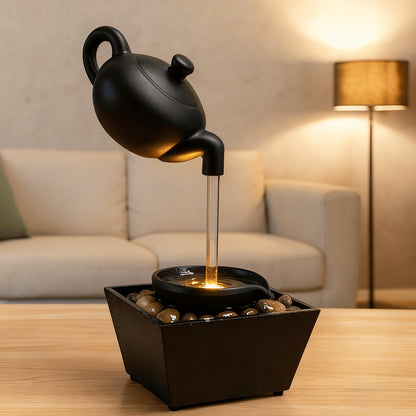 Tabletop Water Fountain with LED Light Zen Teapot Indoor Relaxation Fountain Black Resin for Entryways, Bedrooms and Living Spaces
