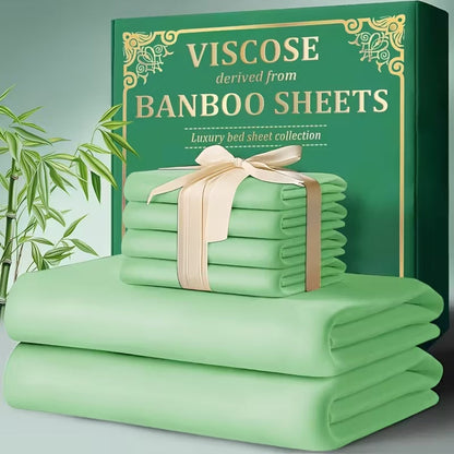 Bed Sheet Set 4-Piece Bamboo-Derived Cooling Fabric with Deep-Pocket Fitted Sheet and Four Bed Sizes