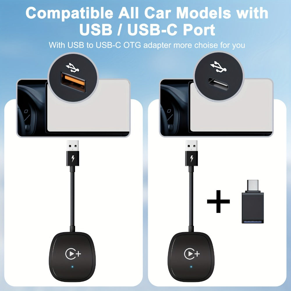 Cable-Attached Wireless CarPlay or Android Auto Adapter with Three Checkout Identities Pictured