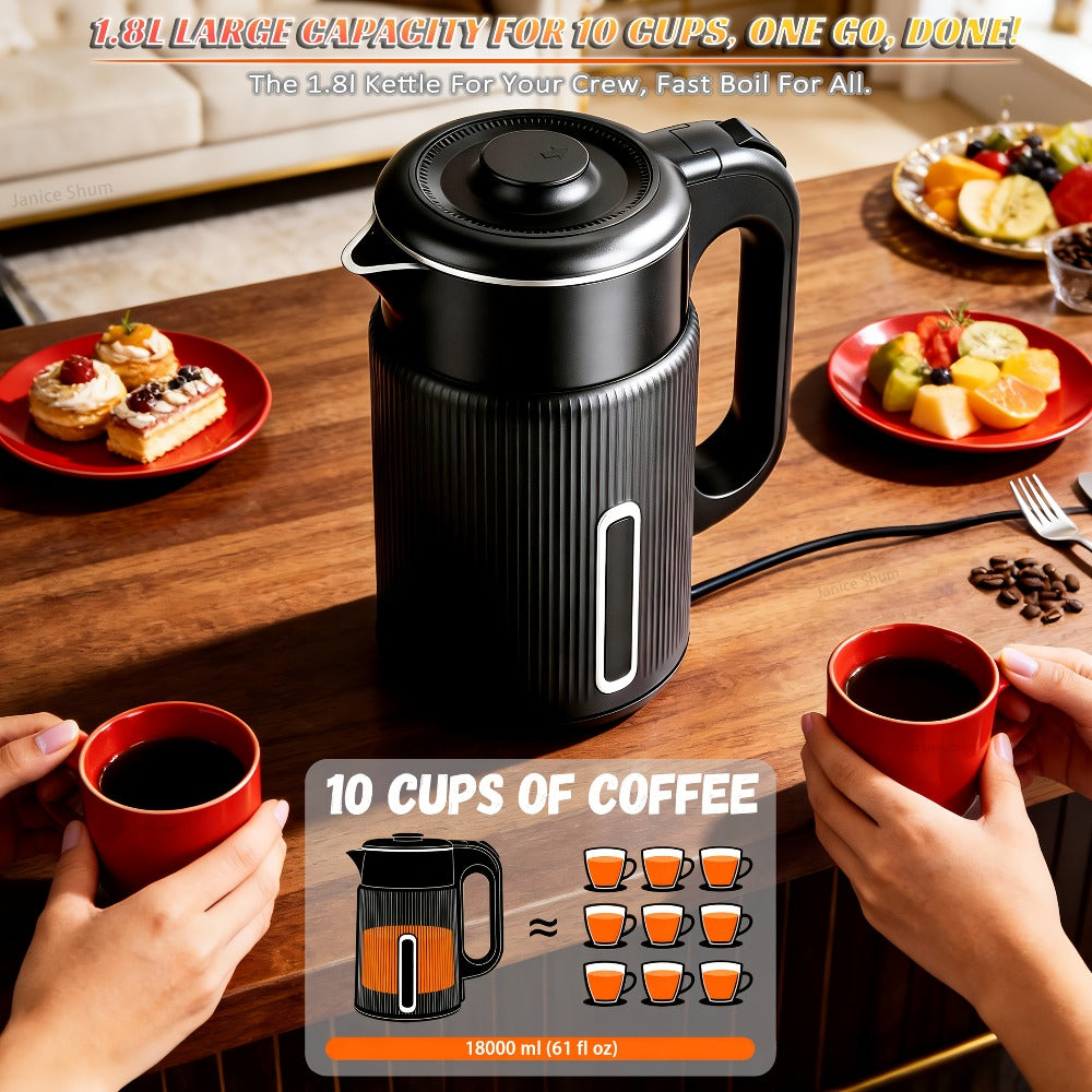 Electric Kettle 1.7L 1000W Double-Wall Stainless Steel with LED Indicator and 360-Degree Base