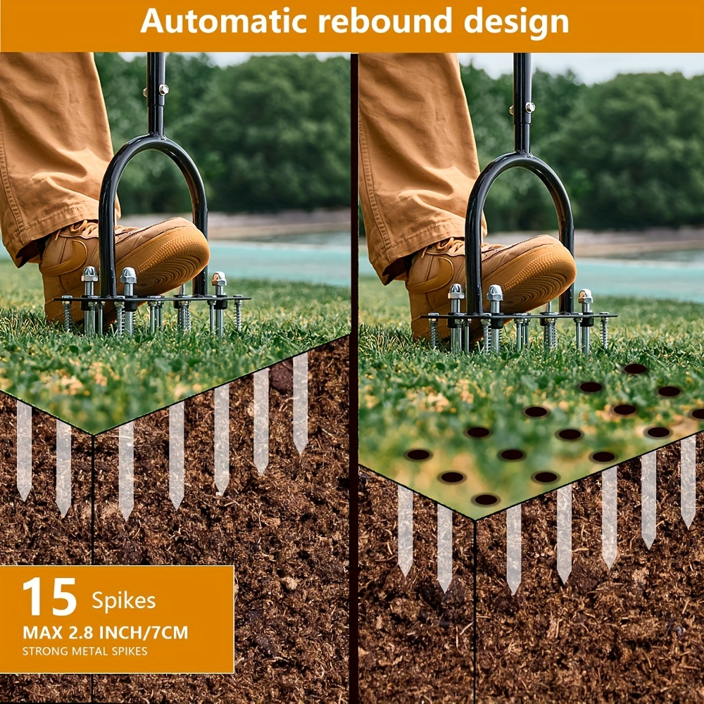 Self-Cleaning Lawn Aerator with 14 Iron Spikes – Spring-Loaded Auto-Clean Mechanism for Leaves & Dirt, Manual Soil Loosening Tool for Patio