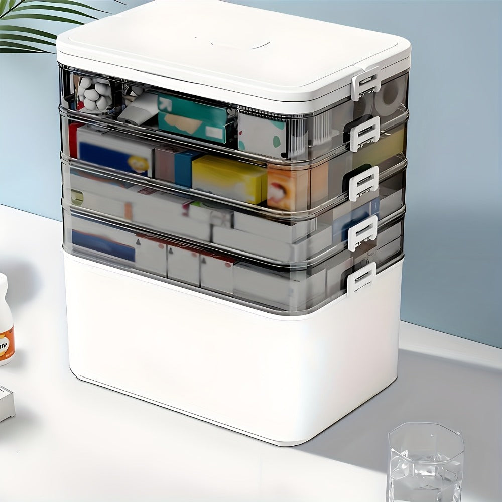 5-Tier Stackable Storage Box with Lids, Large Transparent Organizer with Handle for Home & Travel - Pill Box