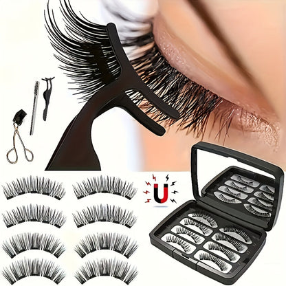 Eight-Piece Double-Strip Magnetic False Eyelash Set with Black Case, Applicator and Tweezers