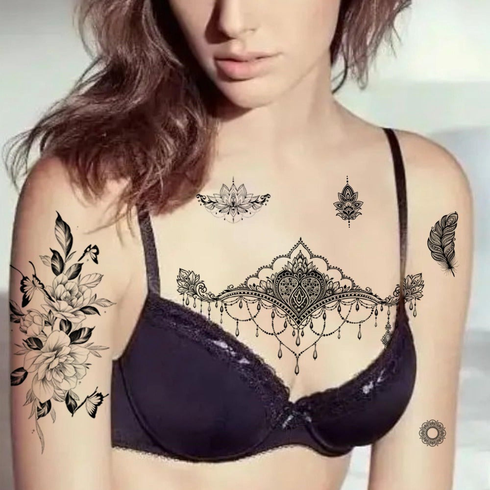 Temporary Tattoos, 10-Sheet Large Black Body Art Set with 60-Plus Floral, Ornamental and Symbol Motifs