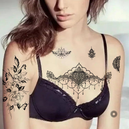 Temporary Tattoos, 10-Sheet Large Black Body Art Set with 60-Plus Floral, Ornamental and Symbol Motifs