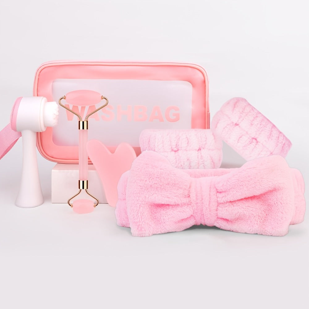 Facial Cleansing Massage Set 7Pcs Silicone Face Brush Double-Headed Roller Massager Heart Scraping Board Wristbands Hair Band Pink Storage