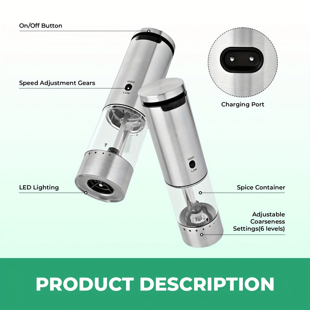Electric Pepper Grinder Set USB-C Rechargeable with LED Light Ceramic Core Adjustable for Grilling, Camping and Outdoor Meals