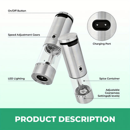 Electric Pepper Grinder Set USB-C Rechargeable with LED Light Ceramic Core Adjustable for Grilling, Camping and Outdoor Meals