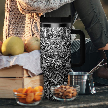 40oz Wolf-and-Raven Graphic Handled Tumbler with Black Lid, Straw and 10 x 26.8 cm Pictured Size