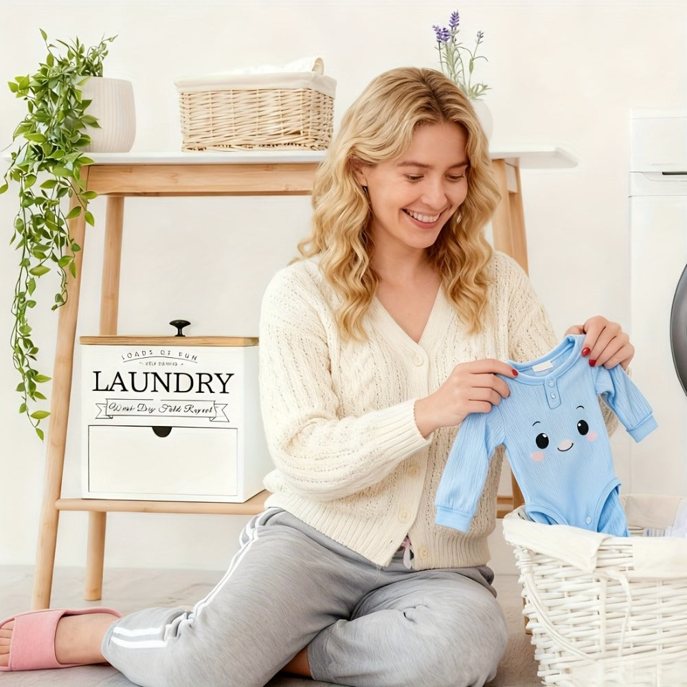 Dryer Sheet Holder with Drawer & Lid, Farmhouse Wood Laundry Pod Dispenser, Wall Mount or Countertop Organizer for Laundry Room Storage