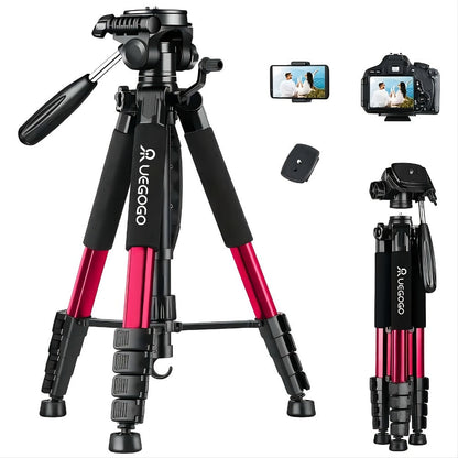74-Inch Camera Tripod in Red and Black with Pan-and-Tilt Head, Phone Holder, Quick-Release Plate and Carry Bag
