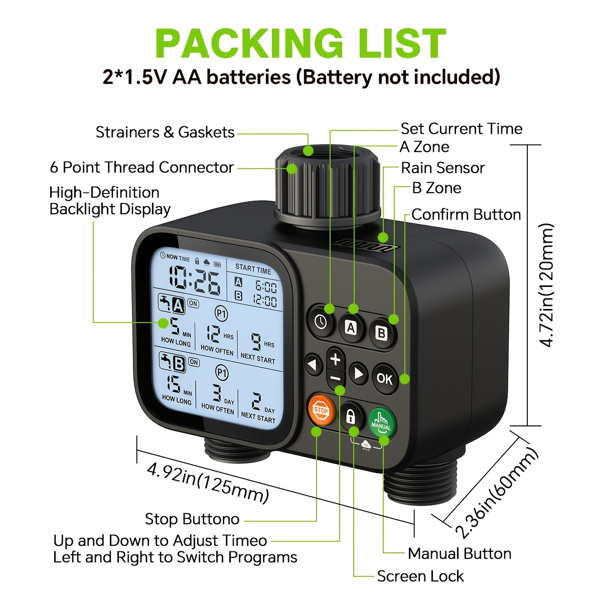 Automatic Drip Irrigation Timer Smart Garden Watering Controller 2-Zone, for Garden, Lawn and Yard Watering